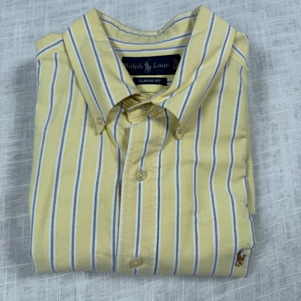 Ralph Lauren Button Shirt 17 34/35 Yellow Stripe Classic Fit Oxford Flesh Pony - Picture 16 of 16